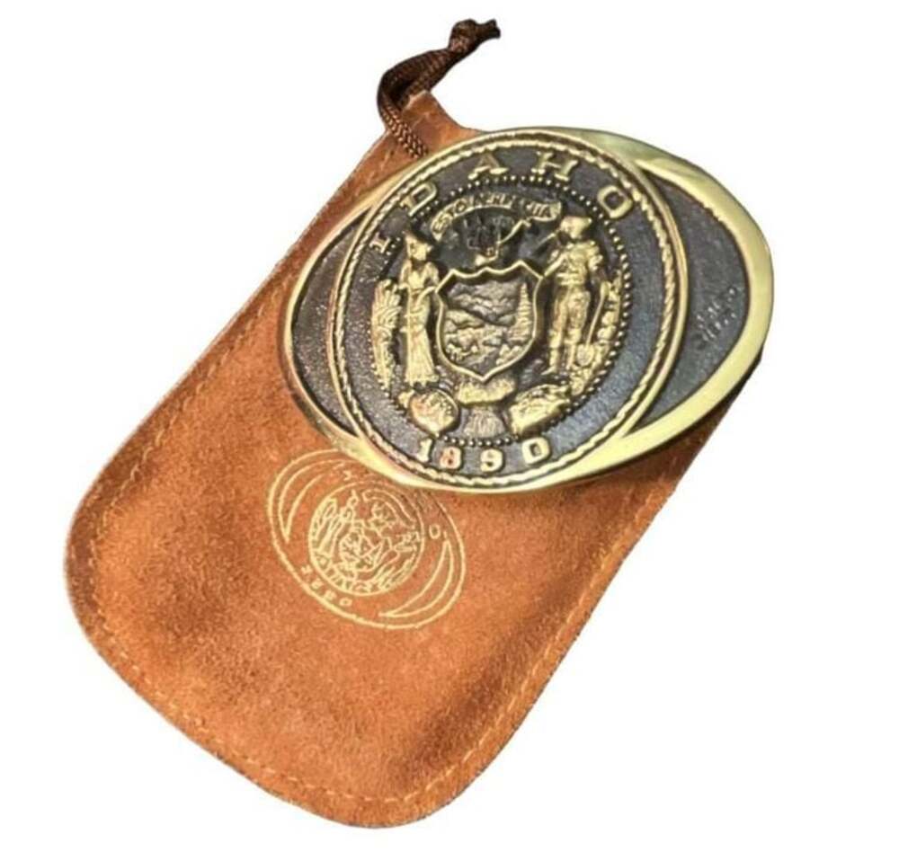 VTG Idaho Great Seal 1890 Solid Brass Belt Buckle with Suede Pouch